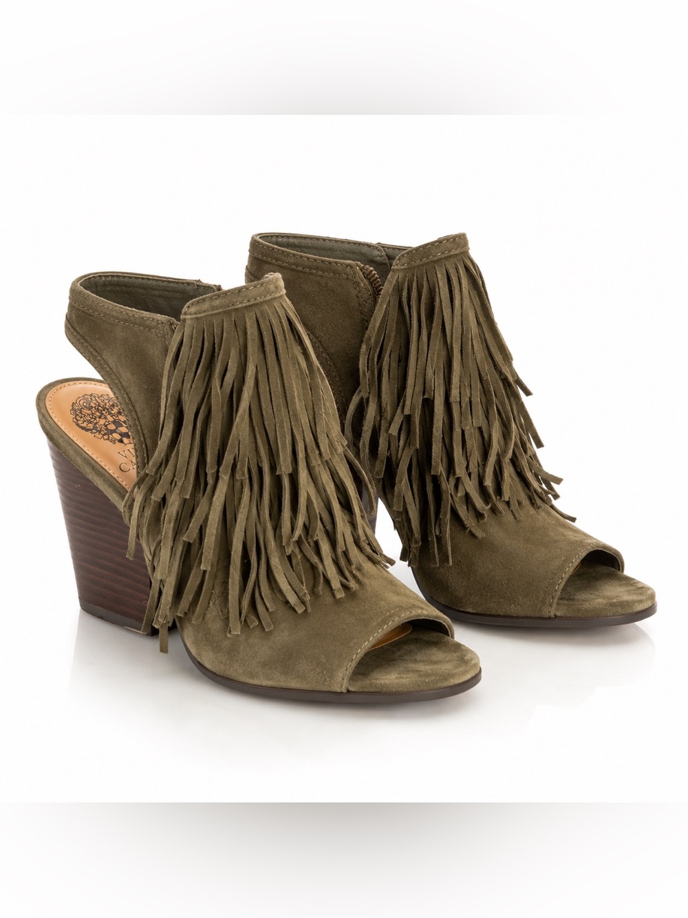 Vince Camuto | Olive | Suede Fringe Peep Toe Heeled Booties | Size 7